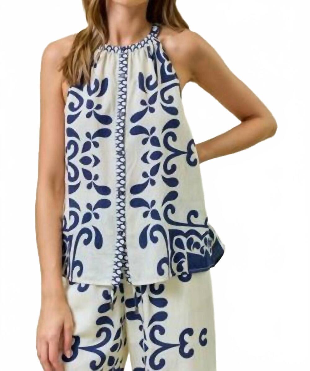 NEW DOE AND RAE border placket top in white/ navy